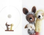 FINGER PUPPET MOBILE / Wall Hanging, Kangaroo & Puppy Multicultural Family, Mother, Father and Baby, felted wool toy and child's room decor