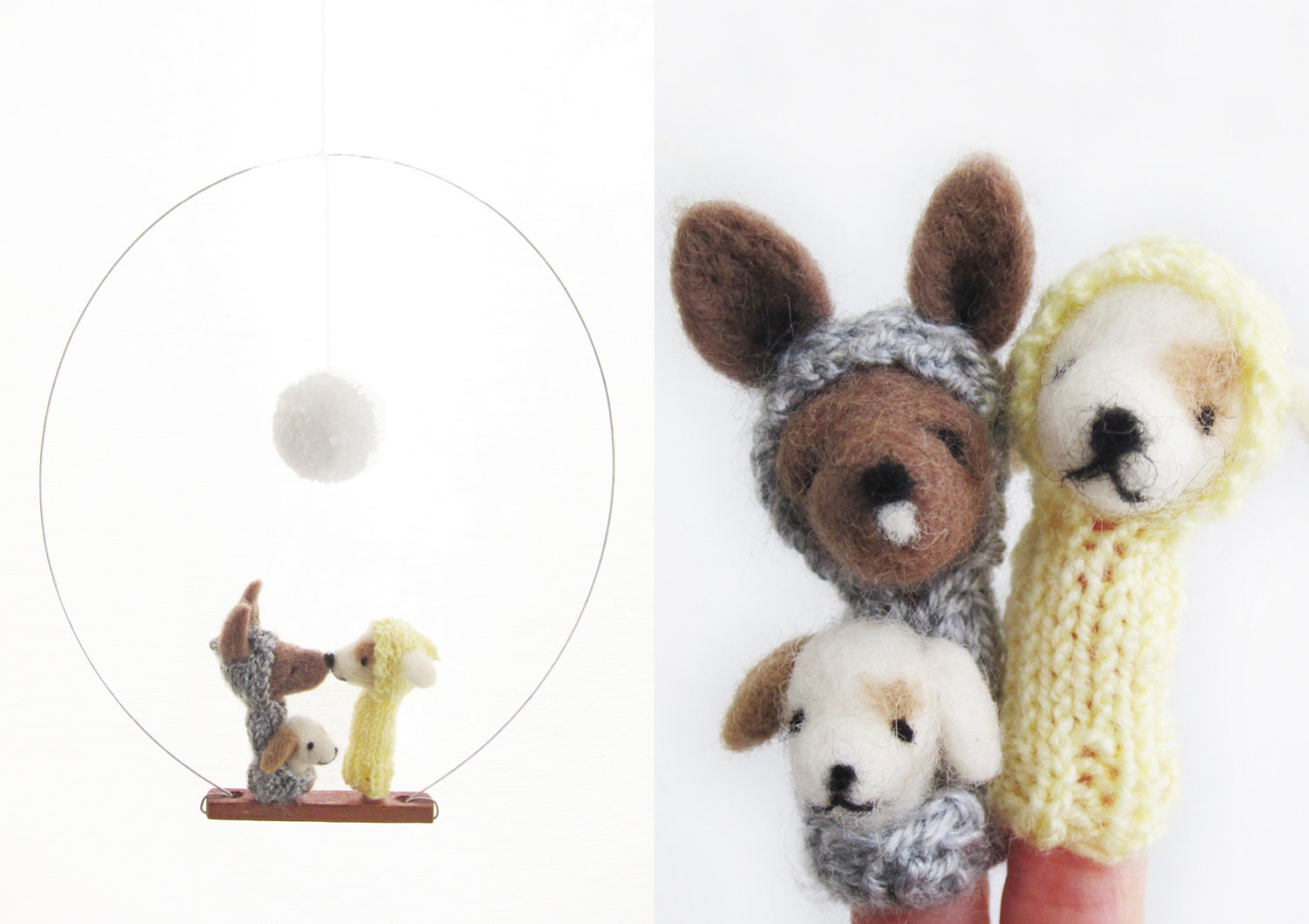 FINGER PUPPET MOBILE / Wall Hanging, Kangaroo & Puppy Multicultural Family, Mother, Father and Baby, felted wool toy and child's room decor