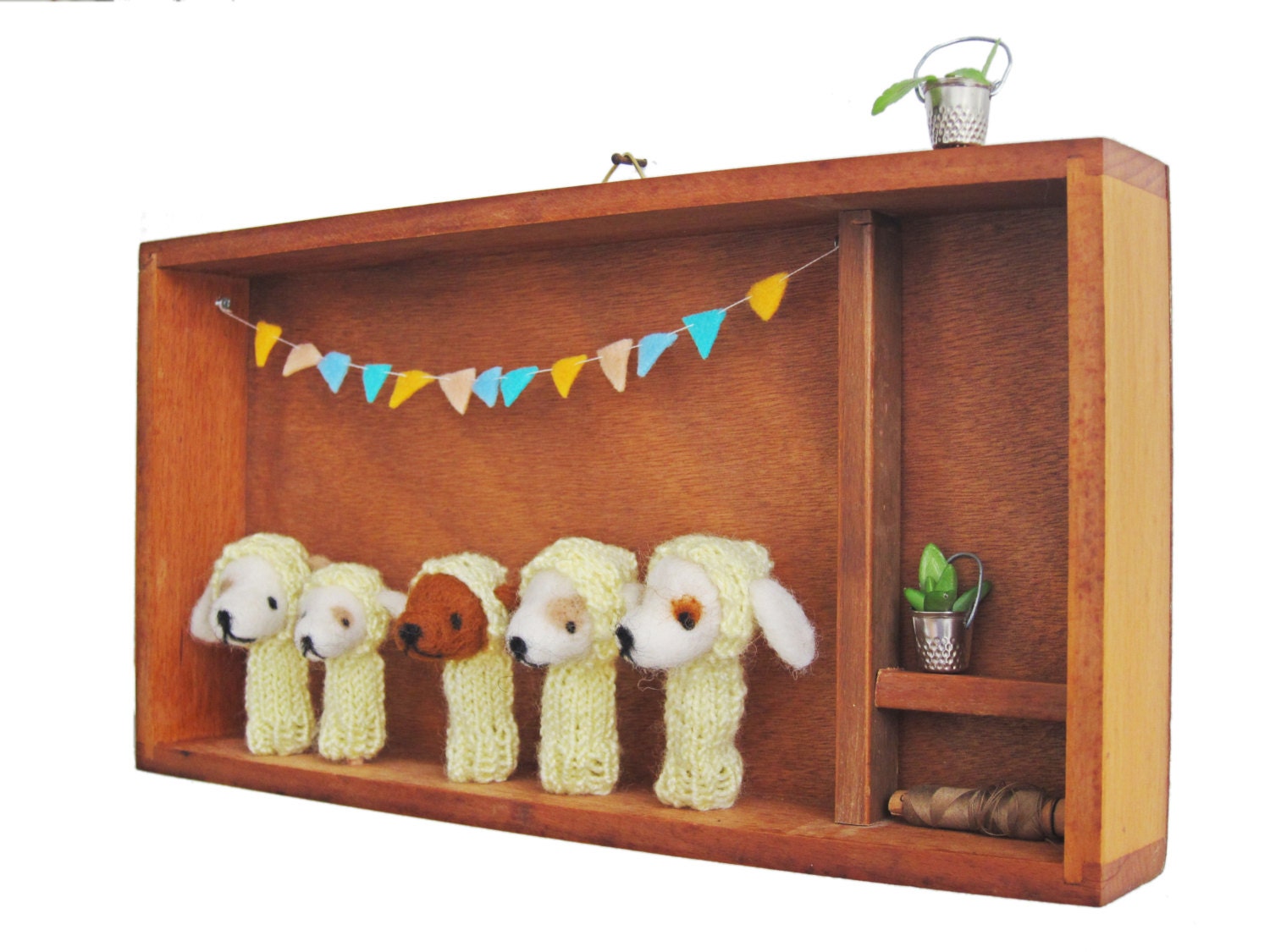 5 PUPPY FINGER PUPPETS in a vintage shadow box, nursery / room decor and an eco friendly toy for children, babies
