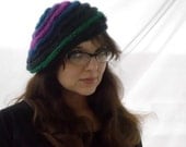 Womens Tam / Beret for Spring Hand Knit in Wool / Acrylic Blend - Black, Purple, Blue, Green and Pink Stripes