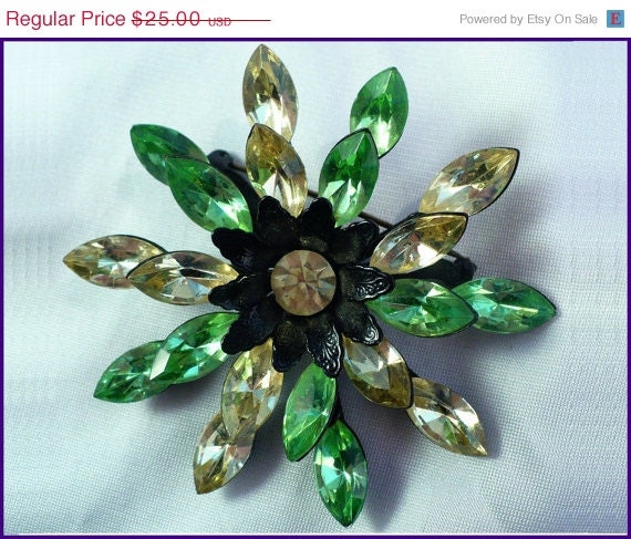 Vintage Yellow, Green Rhinestone Brooch - Large, Japanned Metal