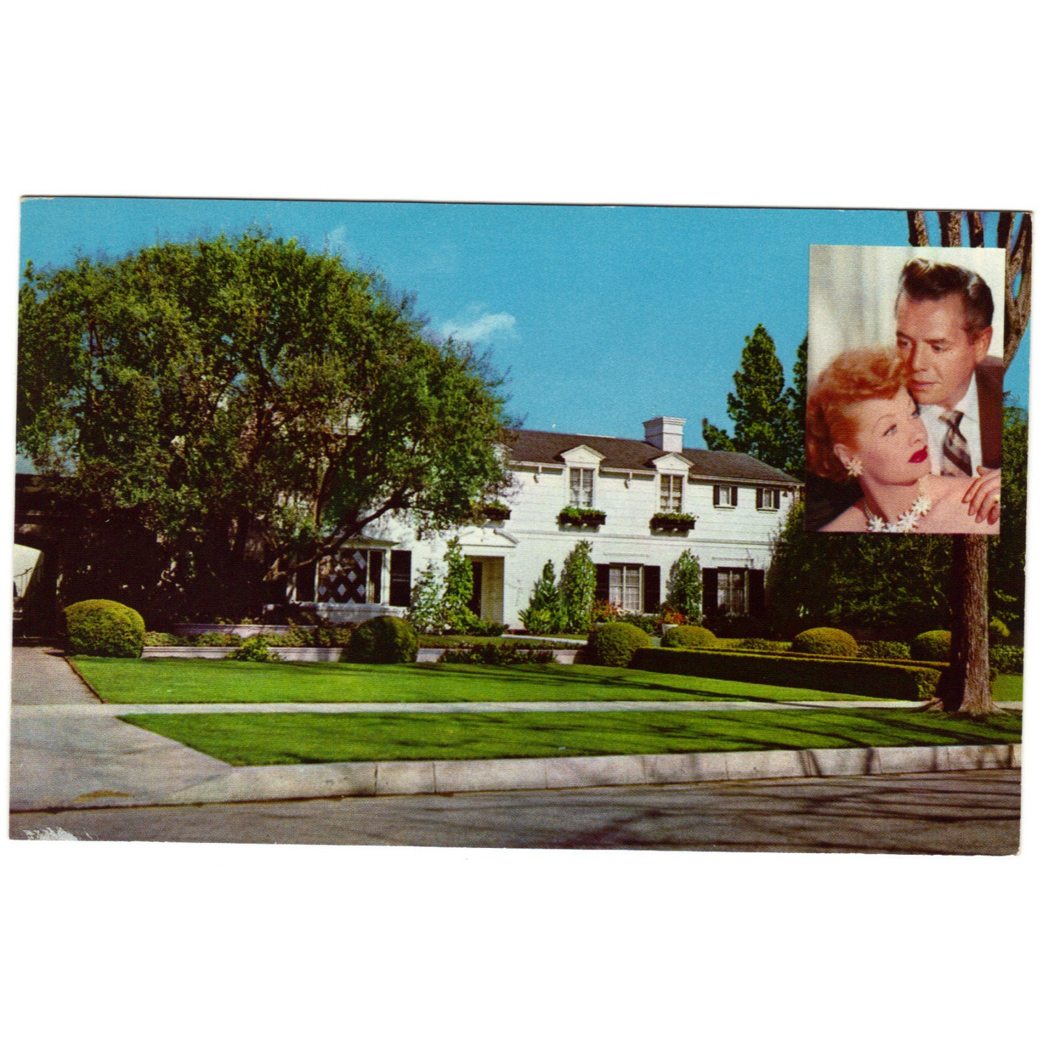 Lucille Ball, Desi Arnez celebrity home postcard, Bevery Hills, circa 1950s