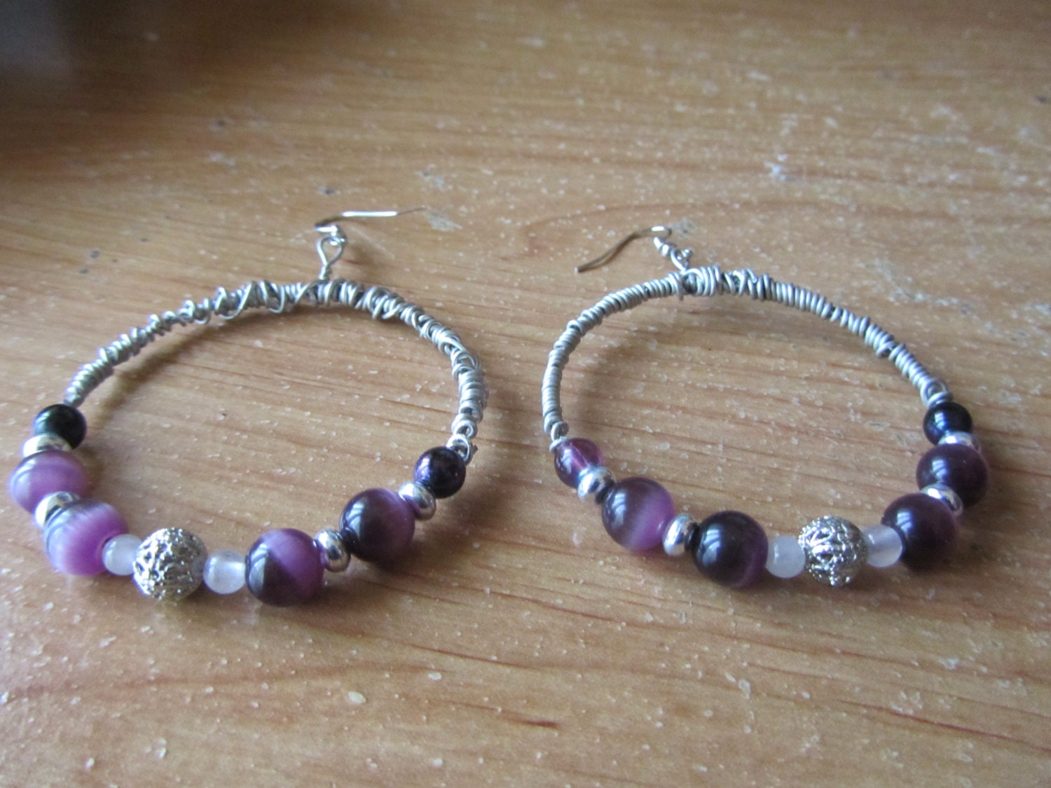 OOAK - Wire Wrapped Purple Beaded Hoop Earrings