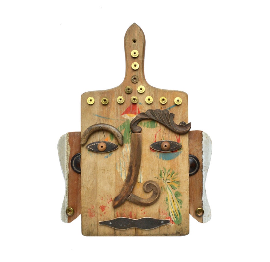 vintage cutting board kitchen Buddha 6 zen art modern sculpture mask  by Elizabeth Rosen