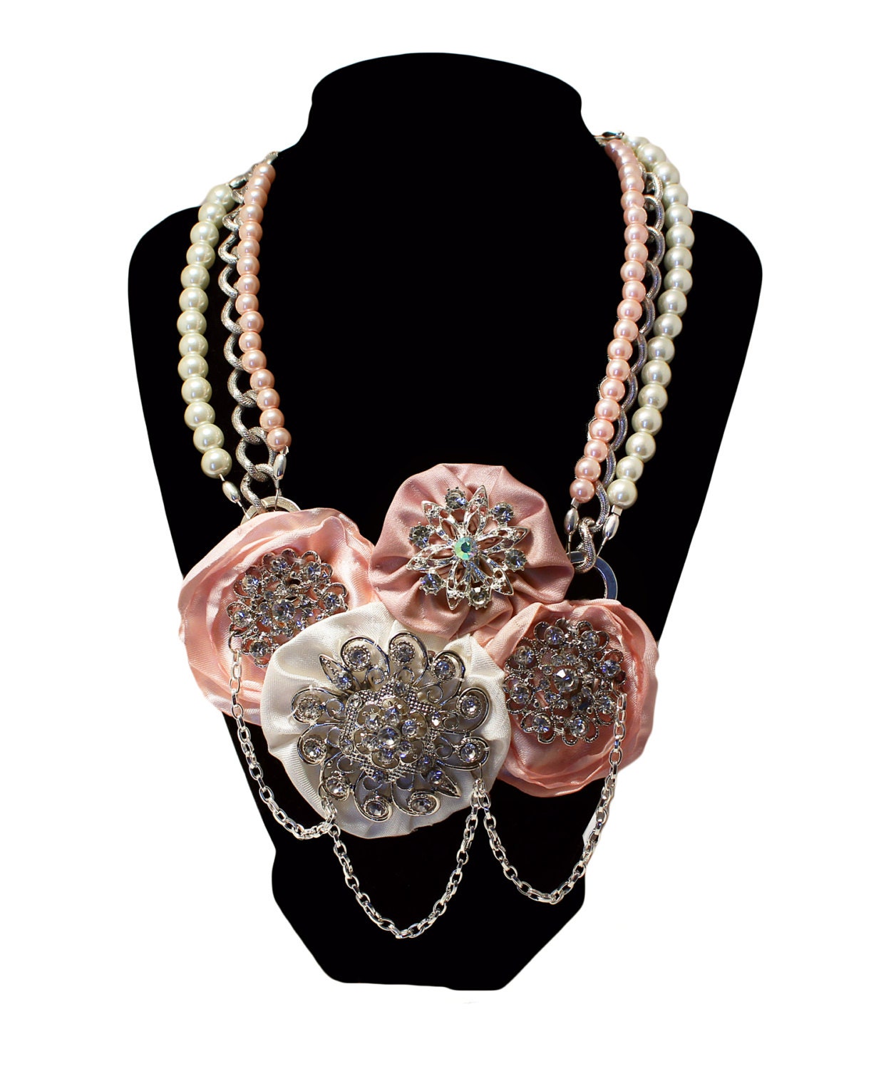 VINTAGE, SECRET GARDEN, Statement Necklace, Bib, Flower, Floral, Pink, Ivory, White, Brooch, Bridal, Pearls, Jewelry by Jessica Theresa