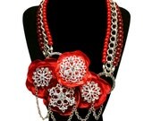 VINTAGE, SECRET GARDEN, Statement Necklace, Red, Floral, Antique, Bib, Brooch, Bridal, Flowers, Pearls, Jewelry by Jessica Theresa