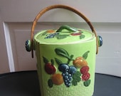 Vintage Japanese Tea Biscuit Cookie Jar with Rattan Basket Handle Hand Painted