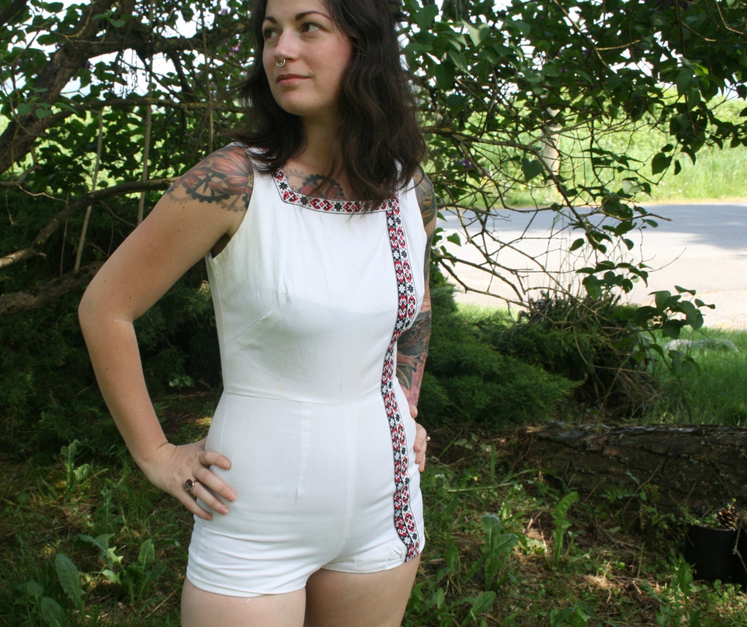 1930s White Swimsuit One Piece - Cotton with Awesome Trim Detail