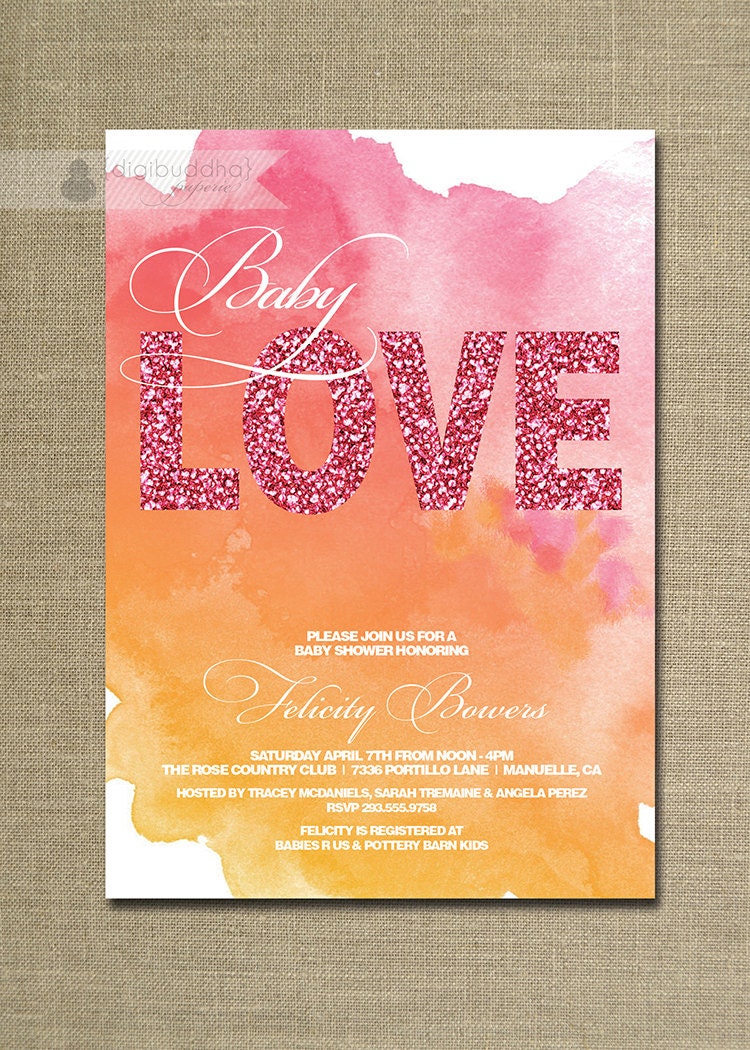 Watercolor Baby Shower Invitation Girl Pink Glitter Baby Love Modern Typography Orange Yellow Printable Digital or Printed - Felicity Style