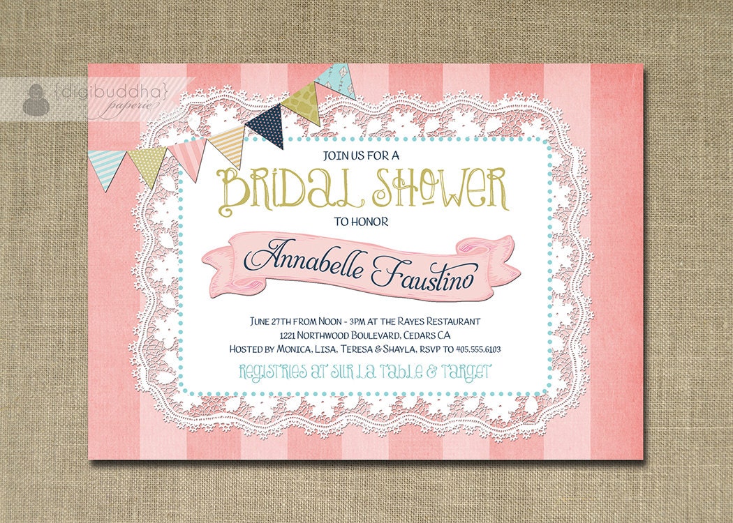 Lace Bridal Shower Invitation Pink Stripe Bunting Rustic Shabby Chic Aqua Green Doily Country Banner Printable or Printed - Annabelle Style