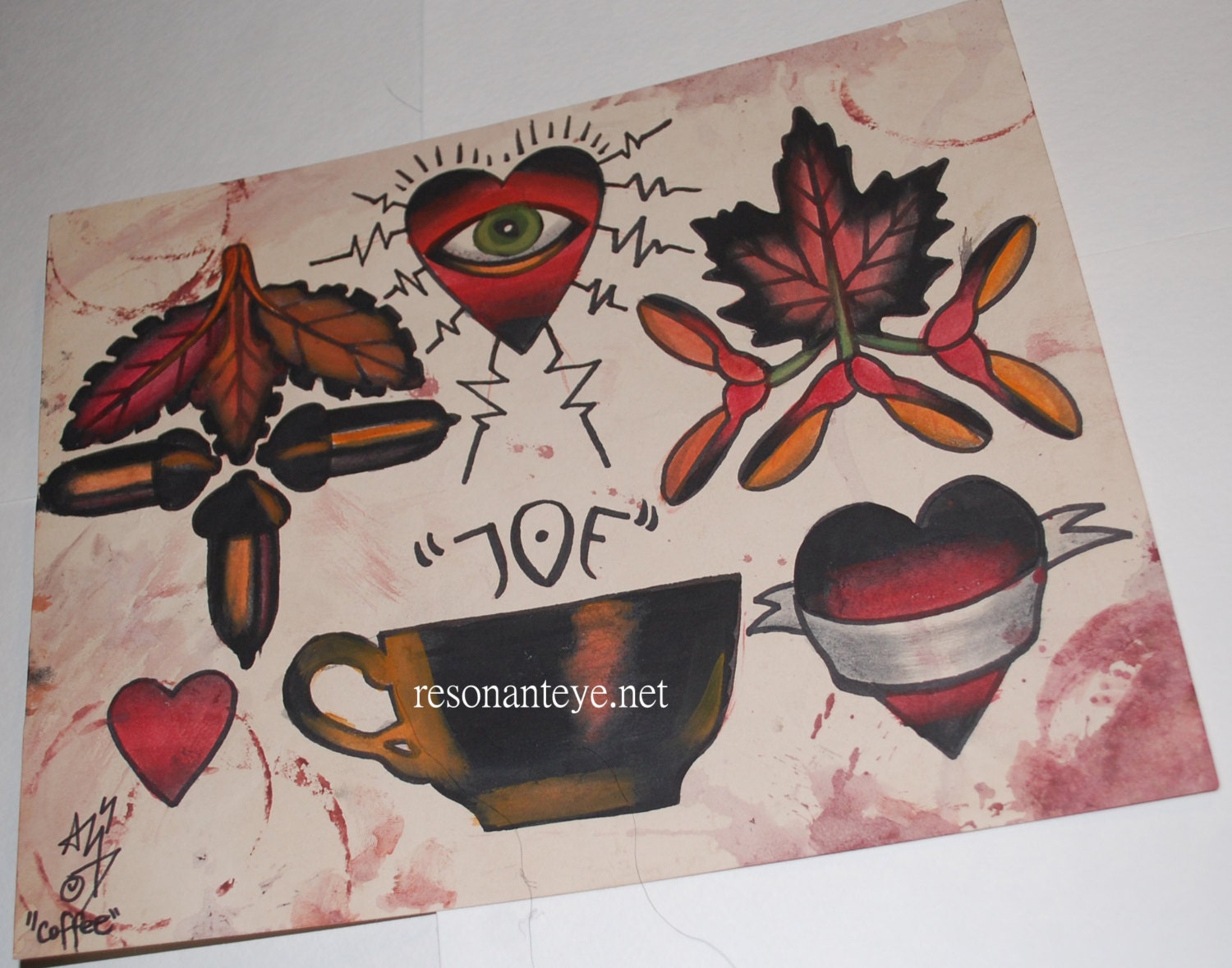 I LOVE COFFEE, handpainted mini tattoo flash, old school tattoo art