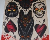 handpainted tattoo flash, bat hearts and skulls