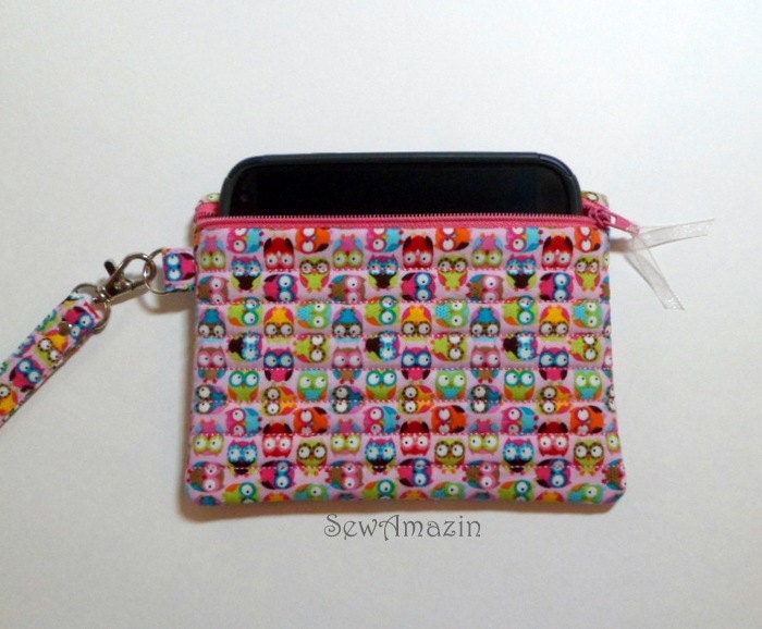 Pink Mini Owls Large Cell Phone Zipper Case Wristlet Purse