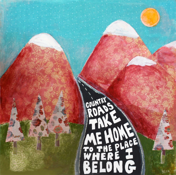 Folk Art painting - 12x12 collage, folksong, lyric art, John Denver, West Virginia, typography art
