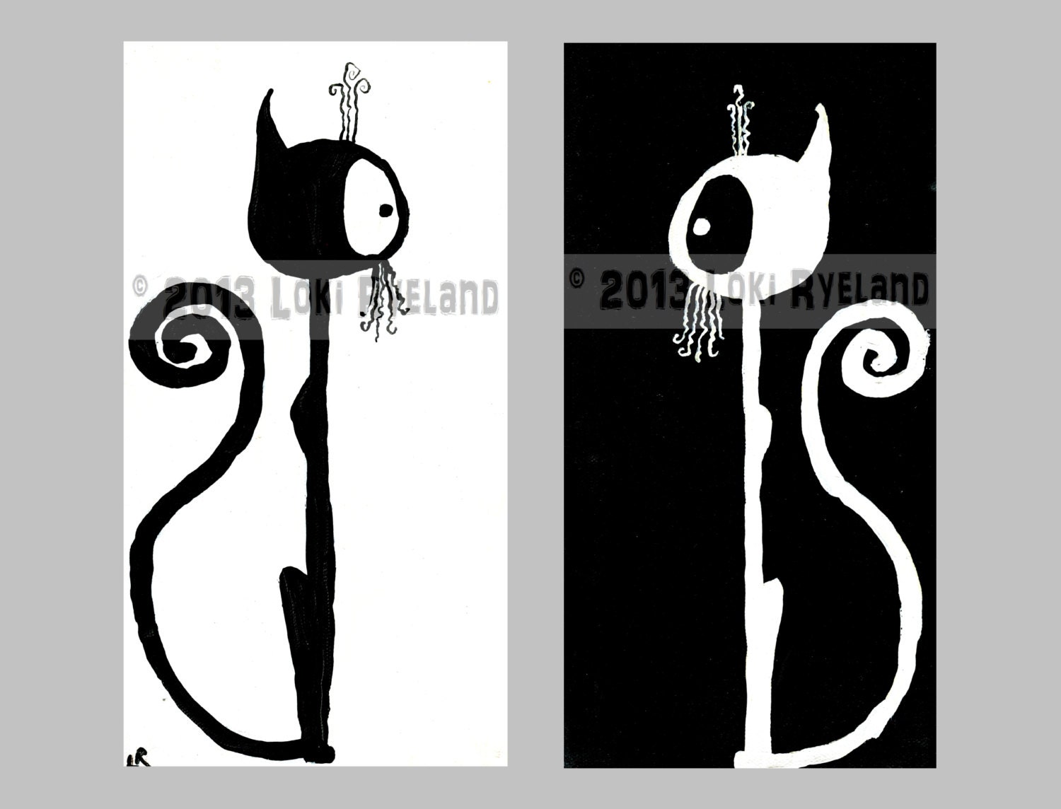 Original Creepy Cat Print The Cat Staring Contest Set: Black and White TWO 5" x 10"