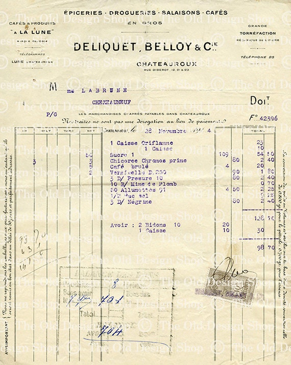 VINTAGE FRENCH INVOICE Nov 28 1914 Digital Collage Sheet for Cardmaking Scrapbooking Altered Art Mixed Media