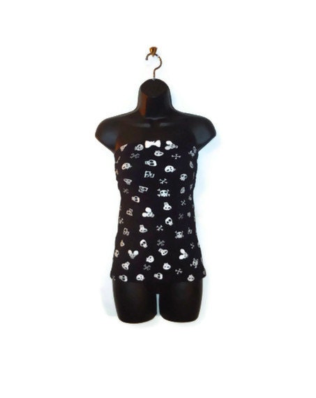 Black Skull Tube Top White Front Bow Womens Clothing Extra Small