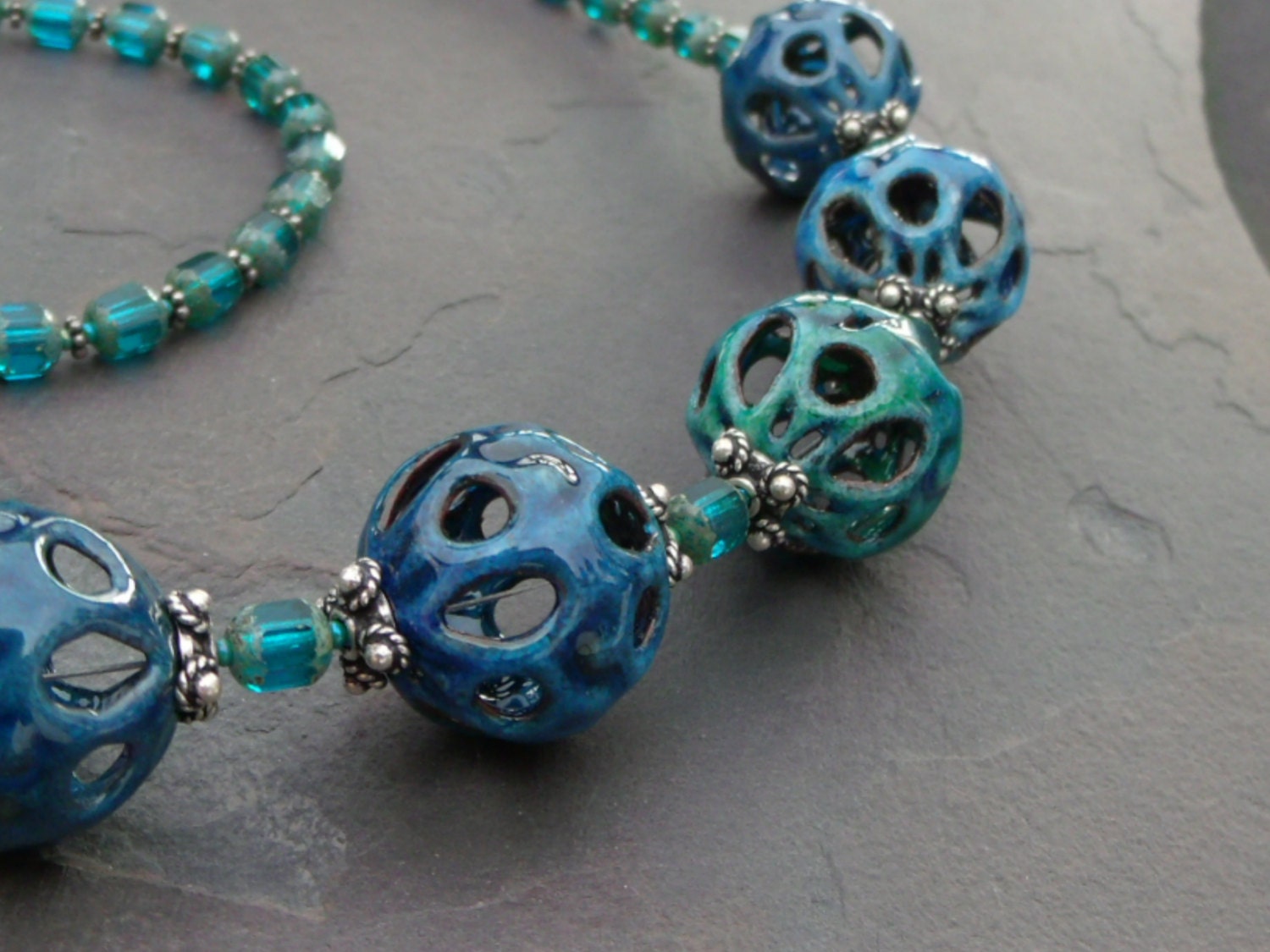 SALE 15% OFF - Water Dipped Earth - Torch Fired Enamel, Picasso Czech Glass, and Sterling Silver Necklace