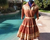 Vintage 1950s squaw patio skirt blouse set S/M full swing square dance tiered Southwest copper