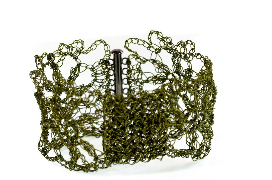 Hand Crochet Wire Olive Flower Bow Cuff Bracelet by PrayerMonkey