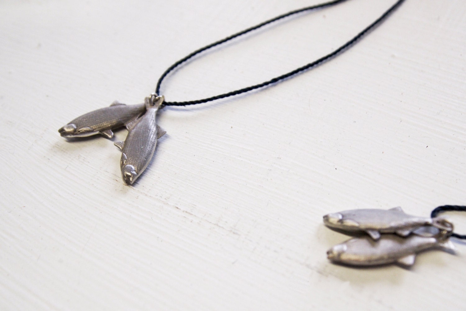 Sterling Silver Double Fish necklace with handmade rope, Pacific Northwest Collection, Pisces