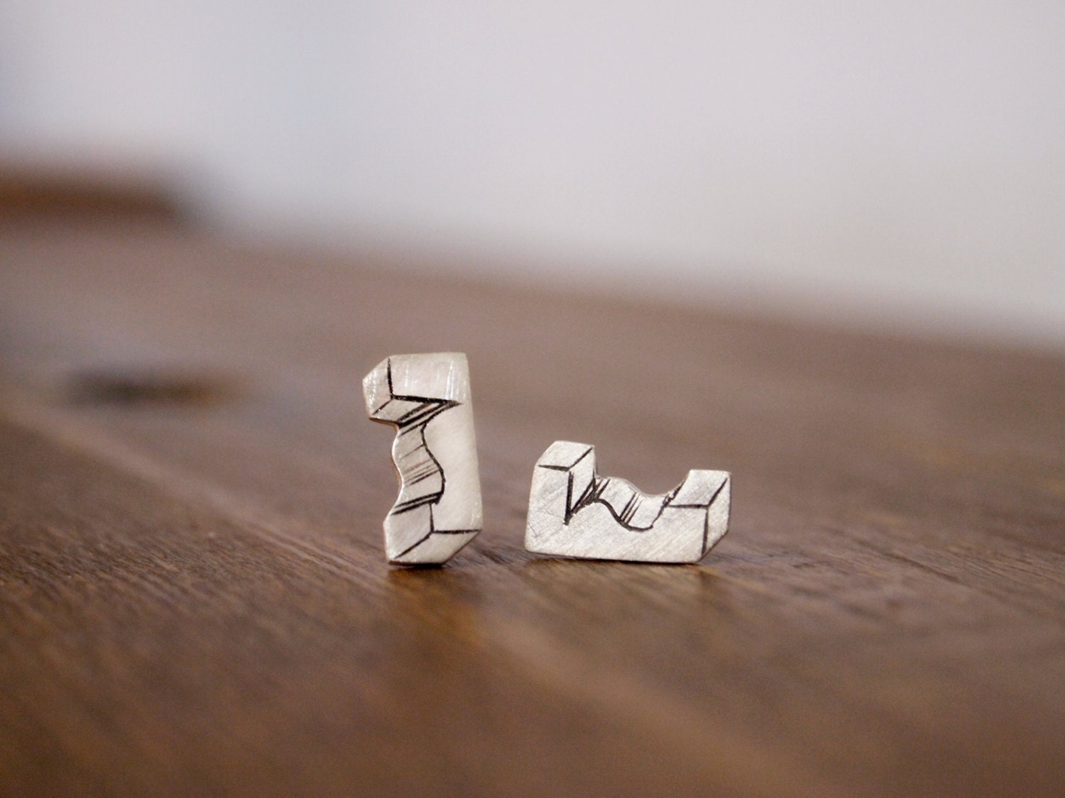 Sterling silver hand engraved architectural fragment stud earrings