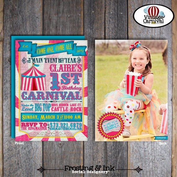 Carnival Party - Circus Party - Invitation & Wrap Around Address Labels With Photo - Pink Blue Yellow - Customized Printable (Girl, Vintage)