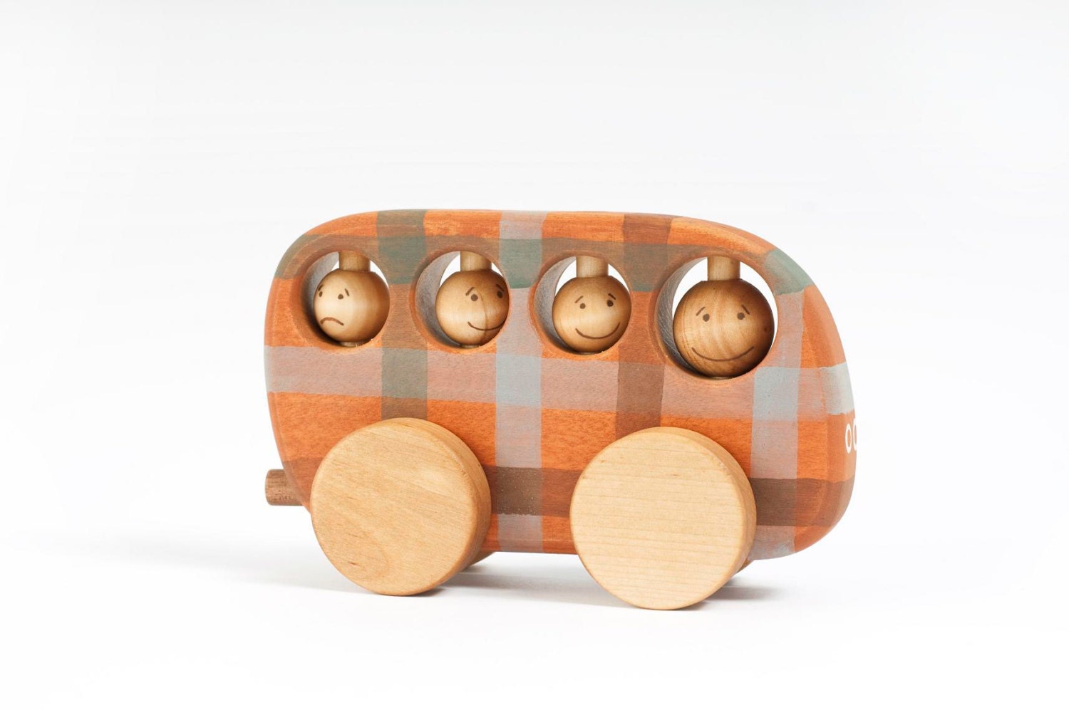 Wooden Bus natural kids toy orange- brown checked