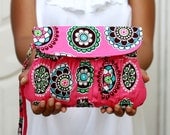 Wristlet Clutch, pleated wristlet in hot pink