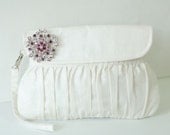 Ivory Clutch Bridesmaid Gift / Bridal Clutch with Purple Rhinestone Brooch