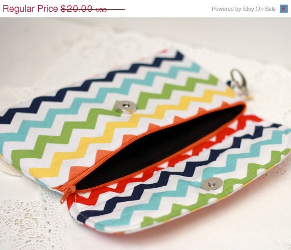 SALE - Chevron Clutch Colorful Rainbow with detachable wrist strap