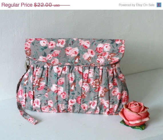 SALE - Pink and Grey Clutch, pink roses pleated wristlet clutch