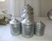 Vintage French set of six aluminium storage jars, cannisters.  Cottage chic.