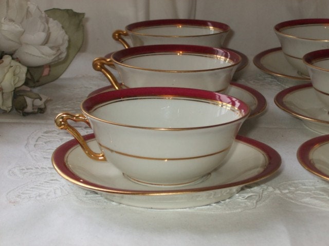 Antique / vintage French tea/ coffee cups and saucers.  Limoges porcelain.  1919. Paris apartment, cottage chic