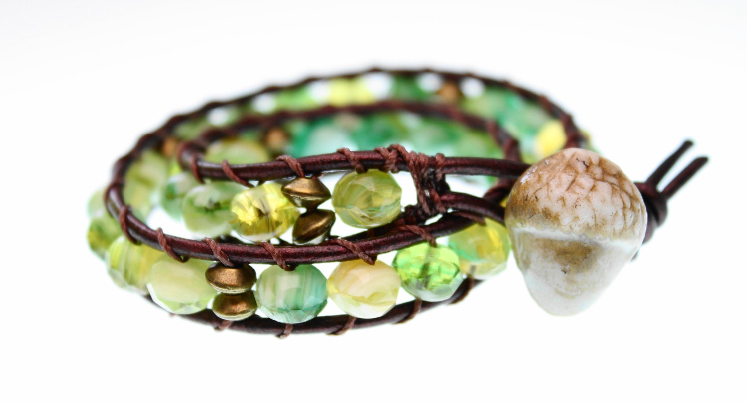 Wrap bracelet - Fern Green leather wrap bracelet - acorn button jewelry - beaded leather wrap - double wrap on brown leather