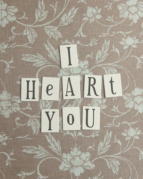 Love I Heart You Pastel Colors Brown Aqua Typography Soft and Dreamy Vintage Style Retro Nursery Decor, 8 x 10 Fine Art Print