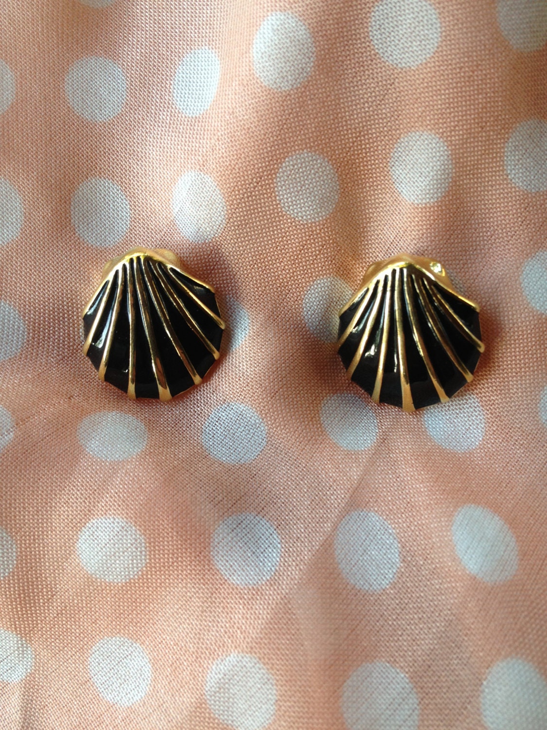 Vintage Seashell Beach Gold and Black Large Stud Earrings