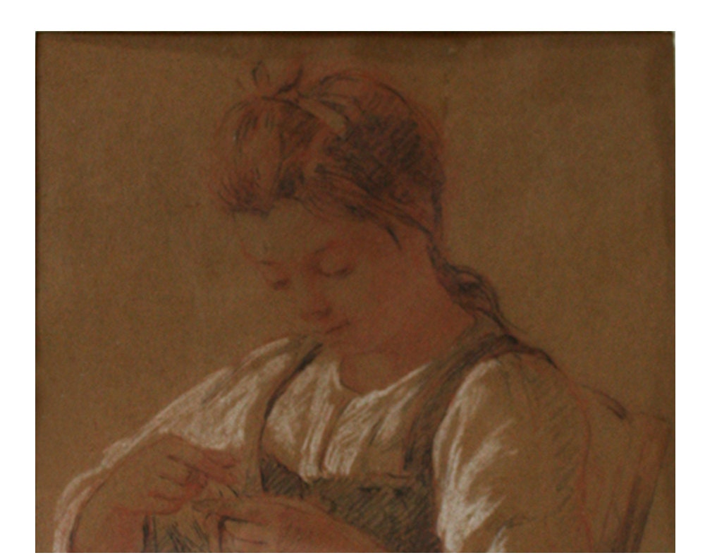 DELICATE antique  French Original PASTEL Drawing  "Knitting GIRL"   Signed E . Paquin 1902