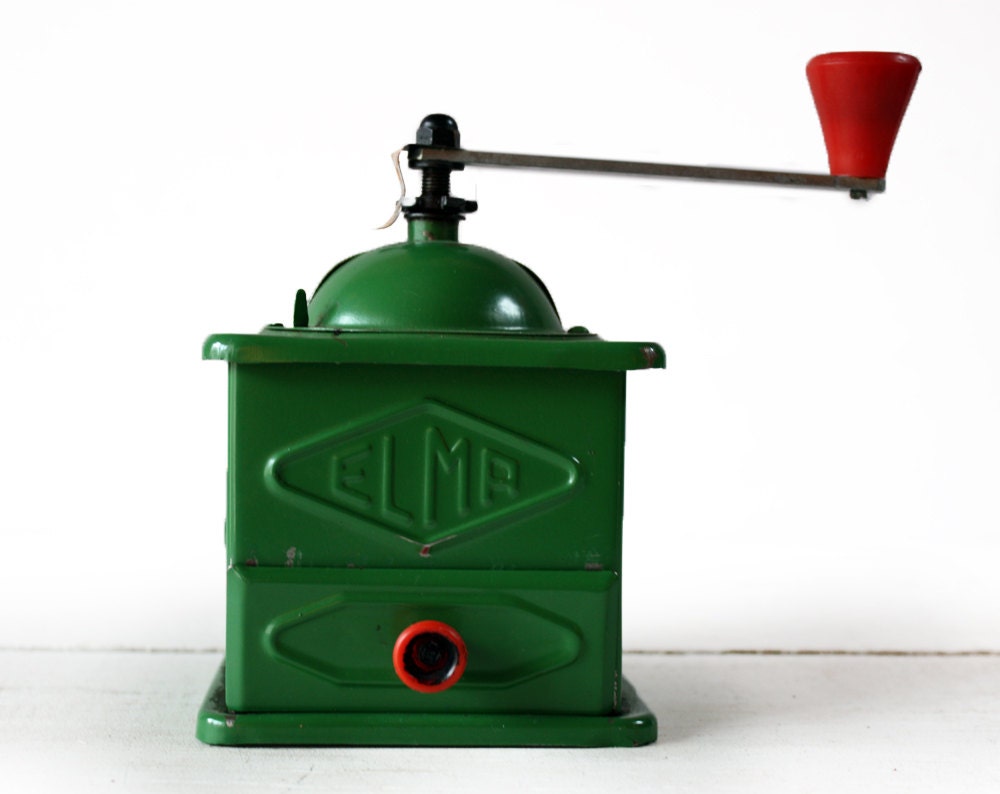 Very DECORATIVE vintage spanish little ELMA GREEN Metal coffee grinder