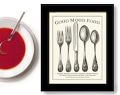 Kitchen Art Comfort Food Vintage Black and White Dining Silverware Cooking Gift
