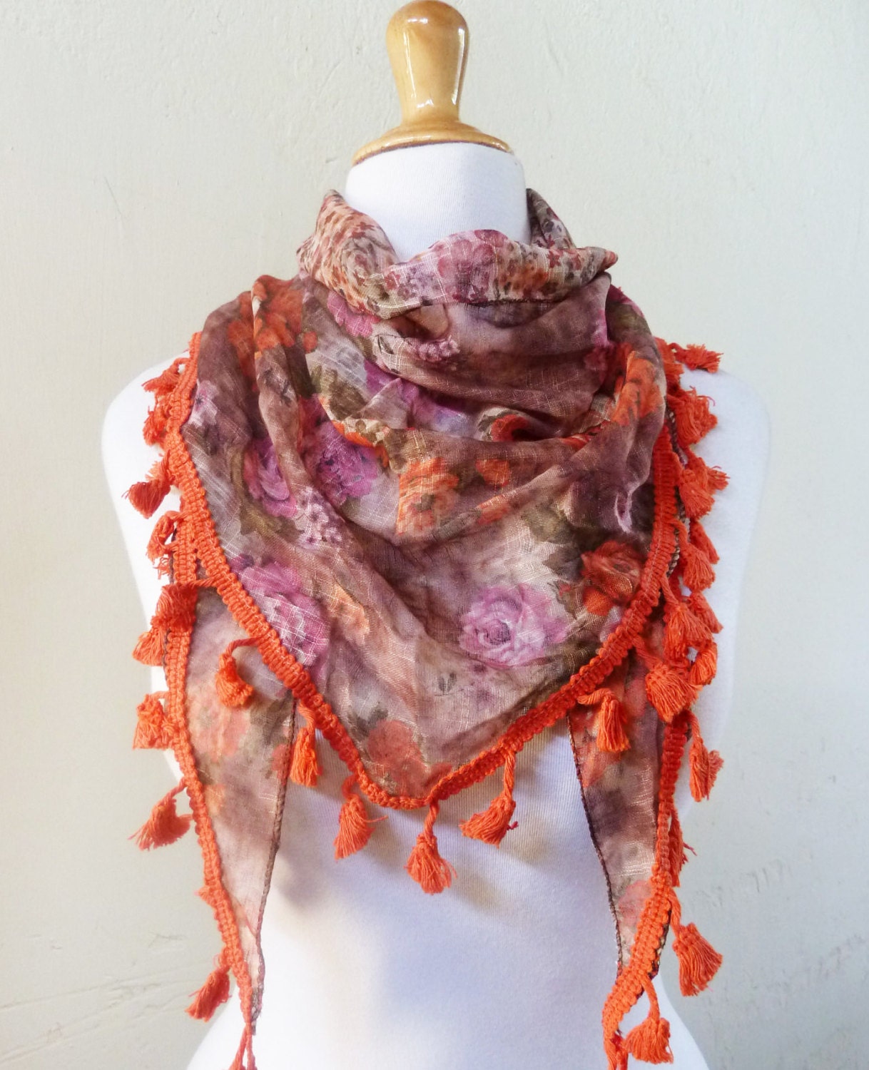 Womens tasseled scarf with floral print and ORANGE fringe - scarflette shawl neckwarmer