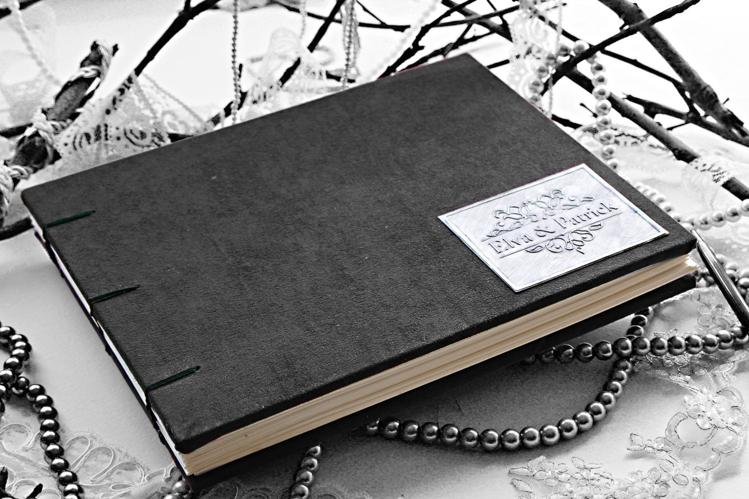 Vintage Smoke Black Wedding Guestbook  - Coptic Binding - Truly Unique personalized with your initials or names
