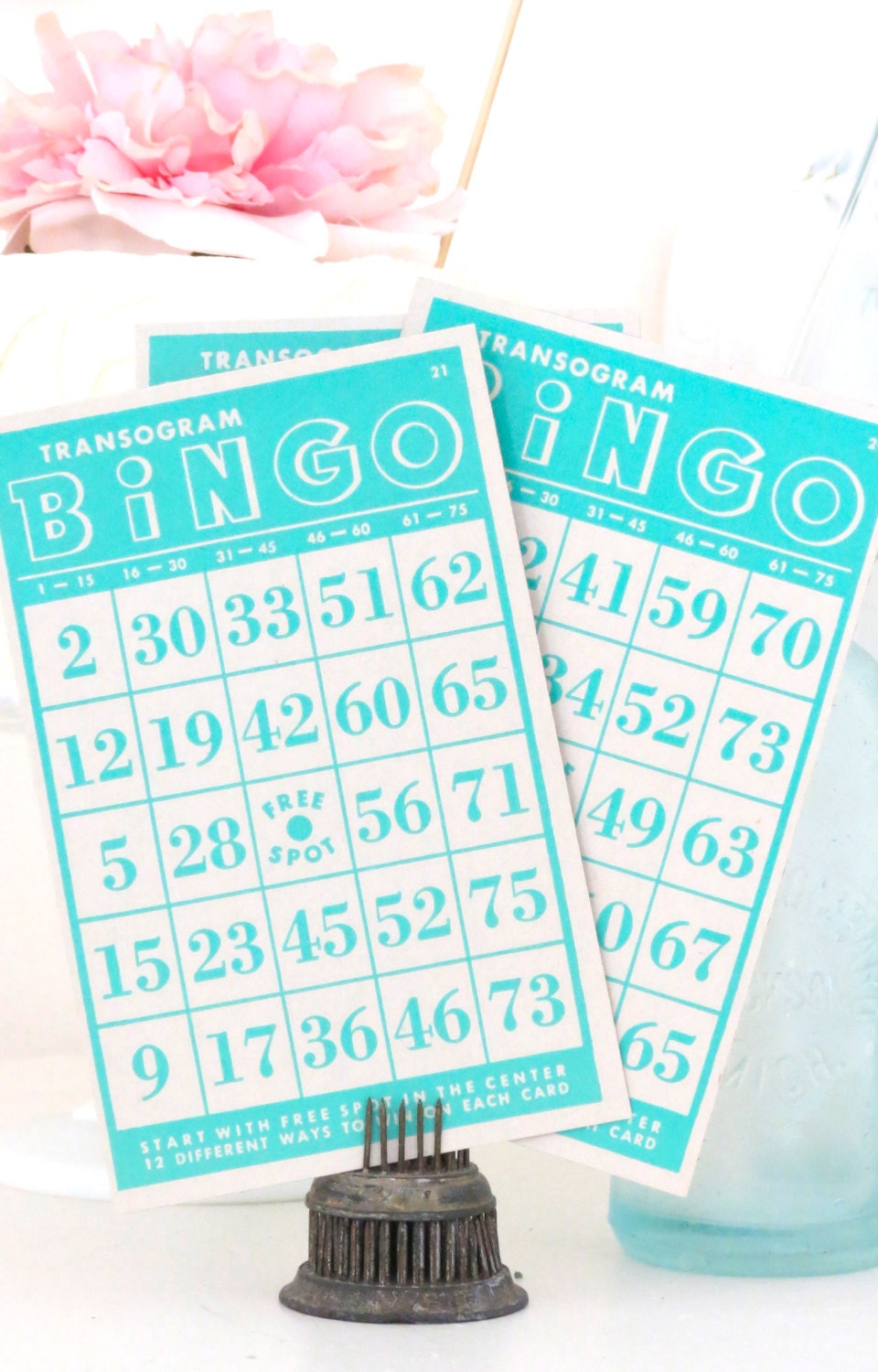 Vintage Aqua 1940's Bingo Cards (set of 6)