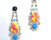painted rhinestone earrings neon Yellow Pink Orange swirl