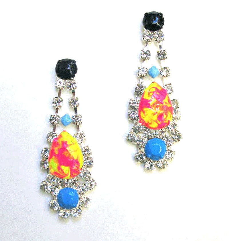 painted rhinestone earrings neon Yellow Pink Orange swirl