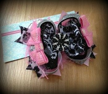 Damask Hair bow- Pink and Black- Rhinestone center- Ostrich feathers