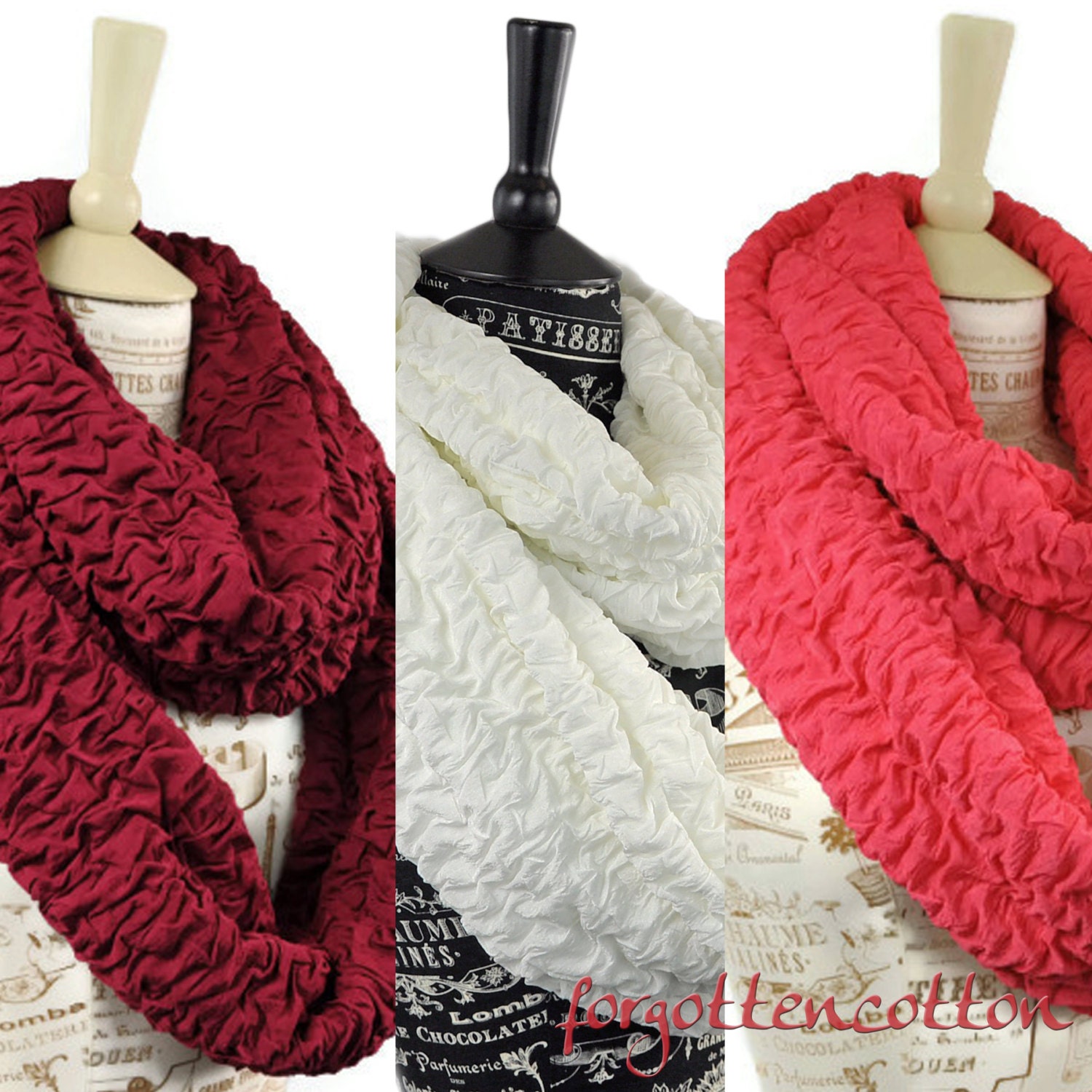 Ruffle Infinity Scarf Ruched Crinkle Coral Ivory Burgundy