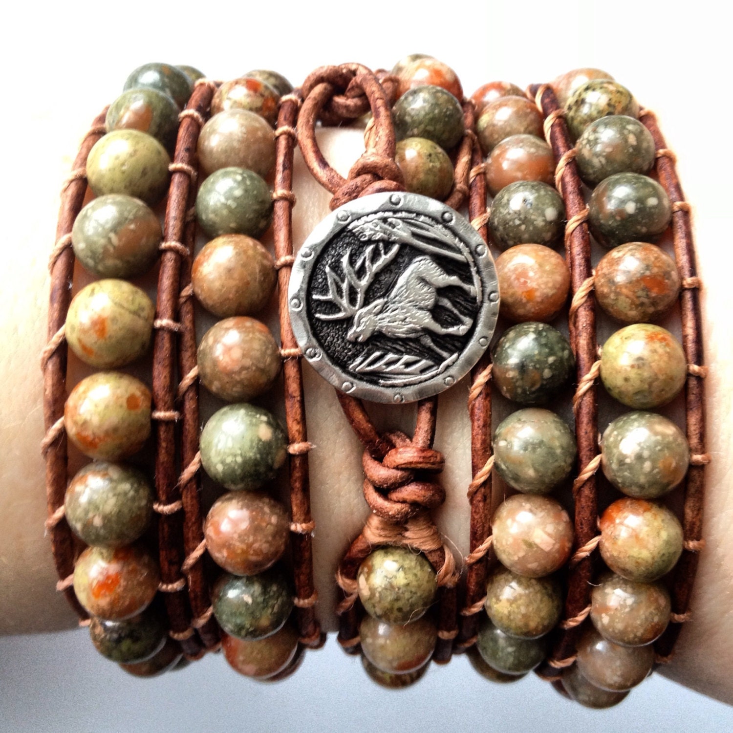 Autumn Jasper beaded Leather Wrap Bracelet with moose clasp, Beaded bracelet, Earthy Jewelry, Natural gemstone bracelet, 5X