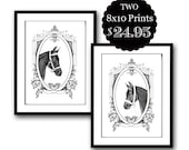 horse equestrian art print frame vintage ornate black white home decor animal 8x10 set pair