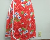 60s red polka dot daisy reversible wrap skirt . medium blue chambray . osfm